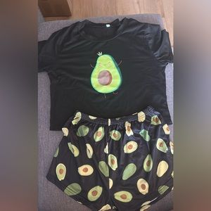 Cartoon And Avocado Print Top & Shorts PJ Set